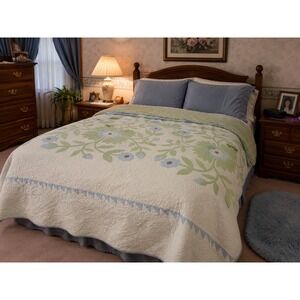 Martha Stewart Collection King Quilt Floral Applique Blue Green Cotton Farmhouse